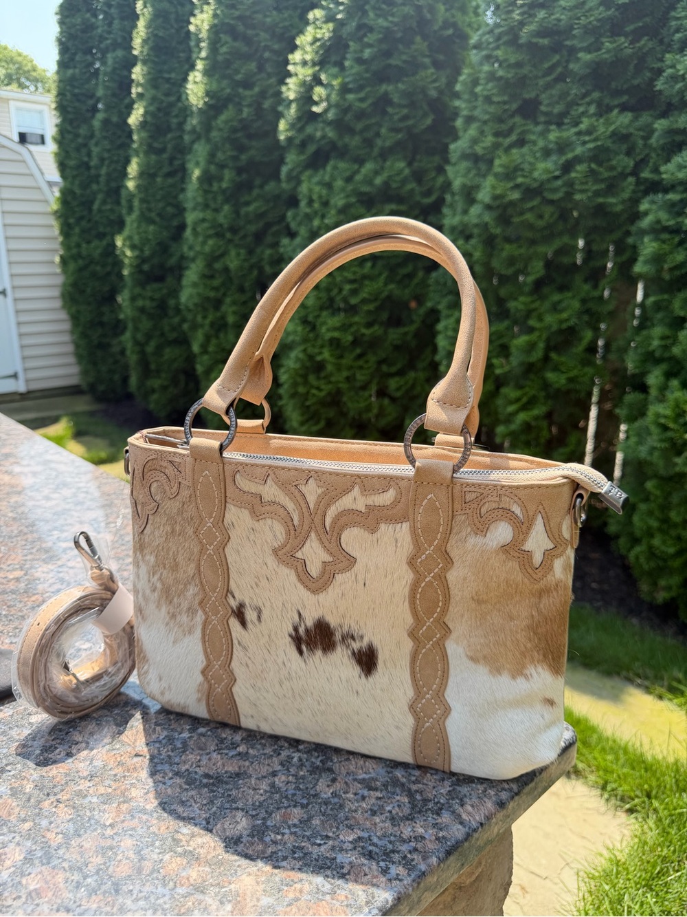 Trinity Ranch Genuine Hair-On Cowhide Collection Concealed Carry Tote - Tan - Picture 3 of 16